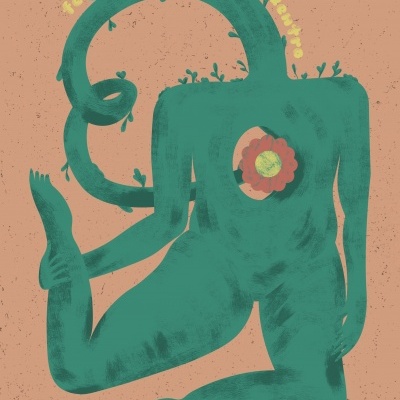 Ilustração de figura humana verde com flor no peito e texto amarelo num fundo rosa salmão