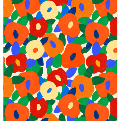 Papel decorativo com padrão de flores coloridas grandes e folhas verdes.