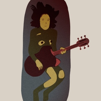 Skate com desenho de pessoa a tocar guitarra em fundo oval cinza e vinho