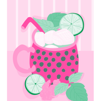 Ilustração de caneca rosa com pontos, gelo, limão, folhas e canudo em fundo às riscas