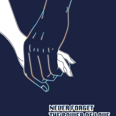 Desenho digital de duas mãos entrelaçadas com contornos iluminados e texto motivacional em fundo azul.