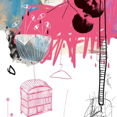 Ilustração abstrata colorida com elementos florais e formas desenhadas à mão.