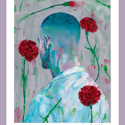 Pintura de homem de costas com flores vermelhas