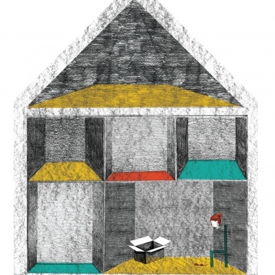 Desenho de casa estilizada com blocos coloridos e figura sentada junto a uma caixa aberta