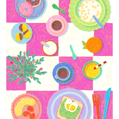 Mesa com alimentos ilustrados em estilo colorido, incluindo rosquinhas, ovos, frutas, bebidas e talheres.