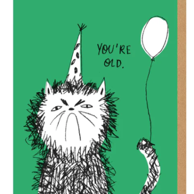 Cartão com ilustração de gato irritado com chapéu de festa e balão