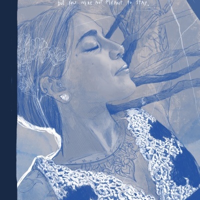 Desenho de mulher com olhos fechados, blusa com flores e texto manuscrito em inglês ao fundo