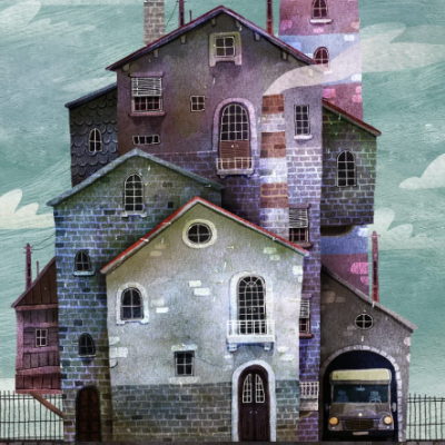 Ilustração de várias casas empilhadas com cave exposta e veículo na garagem