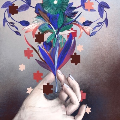 Ilustração digital de mão segurando flor colorida com peças de puzzle sobrepostas