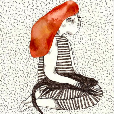 Desenho de menina de cabelo vermelho com vestido riscado segurando gato preto