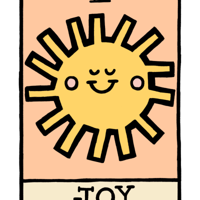 Cartão ilustrado de sol sorridente com a palavra JOY e número III
