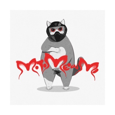 Ilustração digital de gato cinzento com capacete e máscara, texto Moto Meow em vermelho