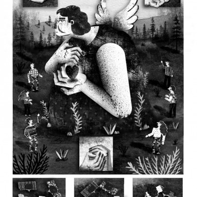 Ilustração monocromática de anjo com coração e figuras humanas ao seu redor