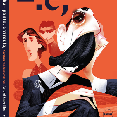 Capa de livro com caricaturas de escritores em tons de laranja e azul