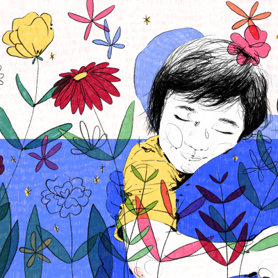 Ilustração de criança rodeada por flores coloridas