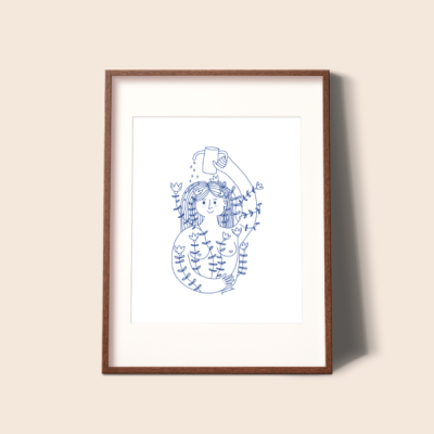 Moldura em madeira castanha com ilustração minimalista a azul de figura humana e plantas