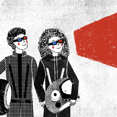 Duas pessoas ilustradas com fatos pretos e brancos, óculos 3D e capacetes com desenhos, fundo branco com forma vermelha.