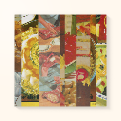 Capa de livro de receitas com faixas verticais de imagens de pratos variados