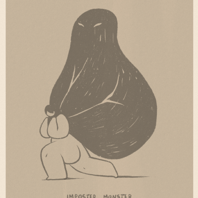Ilustração a apresentar uma figura humana a carregar um objeto grande e escuro com o texto IMPLOSTER MONSTER