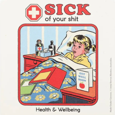 Ilustração retro de criança doente na cama com termómetro e livros