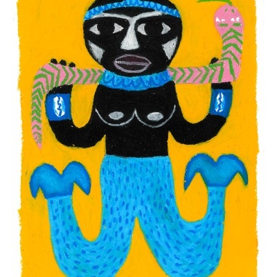 Ilustração colorida de figura humana com pele preta e cobra rosa