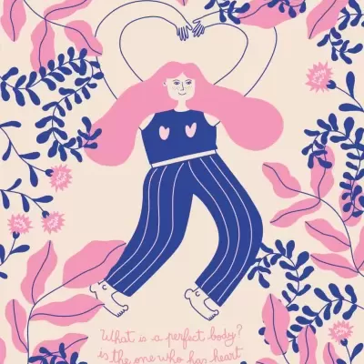 Ilustração pessoa com cabelo rosa e roupa azul rodeada por flores e folhas rosa e azul.