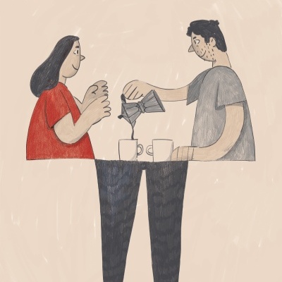 Desenho de um homem a servir café para chávenas enquanto fala com uma mulher com um tabuleiro