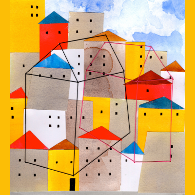 Ilustração artística de prédios coloridos numa cidade com linhas geométricas e céu azul com nuvens