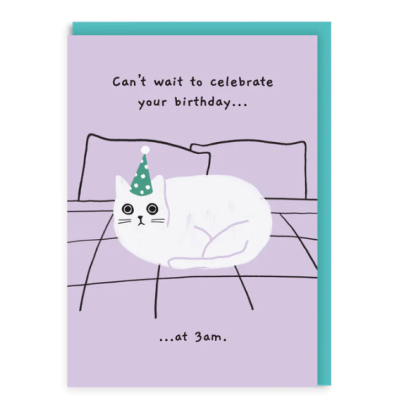 Cartão de aniversário com gato branco de chapéu de festa sobre cama lilás e texto em inglês
