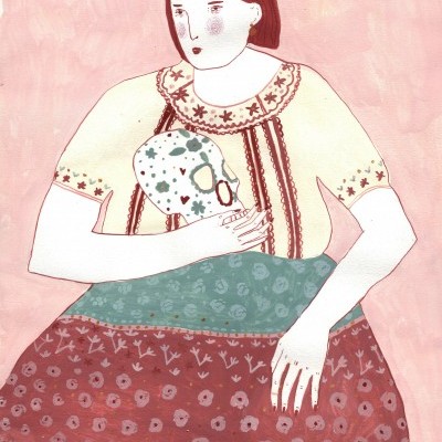 Ilustração de duas figuras stylizadas em tons vermelhos, creme e verde, uma a abraçar a outra