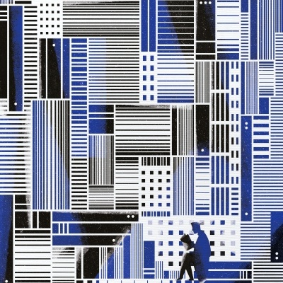 Padrão geométrico abstrato azul, preto e branco com duas figuras humanas estilizadas