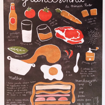 Ilustração colorida dos ingredientes da francesinha com texto manuscrito em português