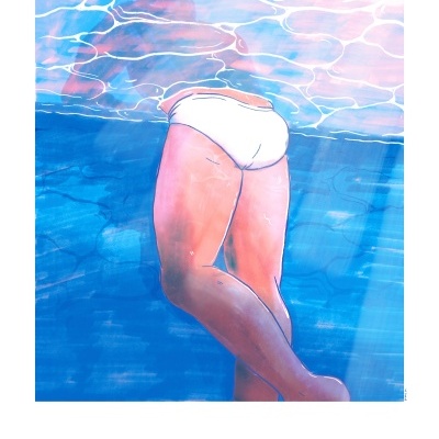 Ilustração de pernas debaixo de água com cueca branca