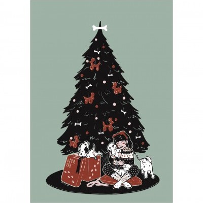 Desenho de árvore de Natal com decoração de ossos e cães com criança sentada abraçando cão pequeno