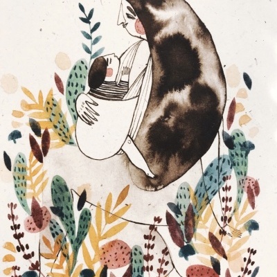 Ilustração de mulher e bebé rodeados por plantas coloridas