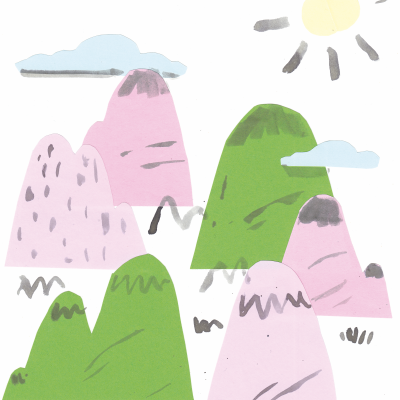 Ilustração de montanhas coloridas e céu com sol e nuvens