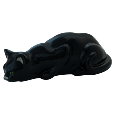 Estatueta de gato preto em cerâmica brilhante deitado
