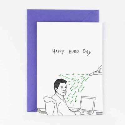 Cartão com ilustração de homem e texto HAPPY BURO DAY