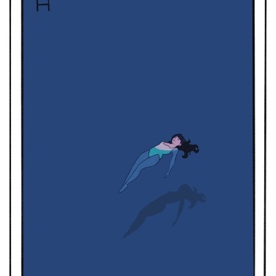 Desenho de mulher a flutuar numa piscina vista de cima.