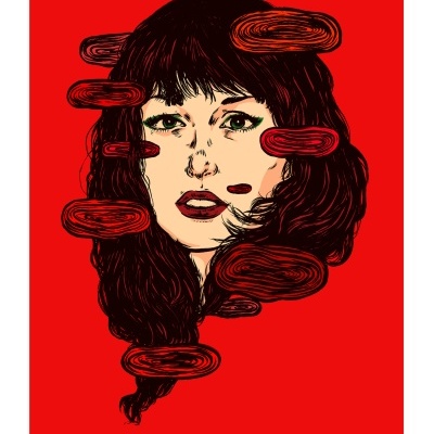 Ilustração artística de rosto feminino com cabelo escuro e formas vermelhas num fundo vermelho