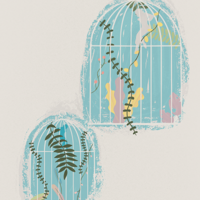 Ilustração de duas gaiolas brancas com fundo azul e plantas coloridas em fundo bege