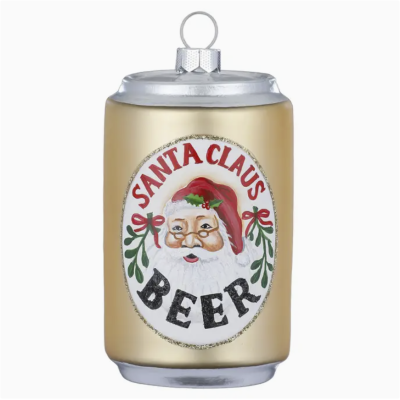 Ornamento de Natal dourado em forma de lata de cerveja com imagem do Pai Natal