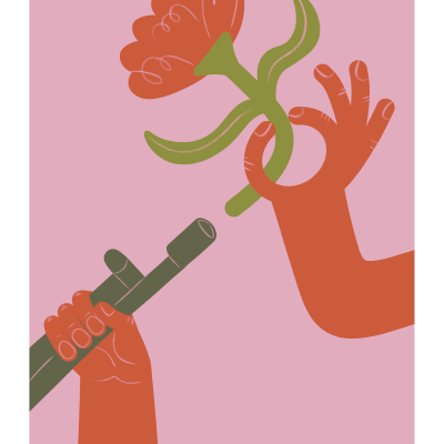 Ilustração digital de mãos cor de laranja segurando um tubo verde e uma flor vermelha com caule verde.