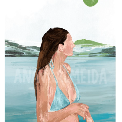 Ilustração de mulher com biquíni azul em água com paisagem de montanhas ao fundo