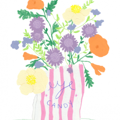 Desenho de flores coloridas num saco de papel com texto eye CANDY.