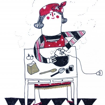 Ilustração de mulher a cozinhar numa mesa com utensílios