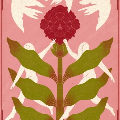 Ilustração de planta grande com figuras femininas e pombas brancas em fundo rosa.