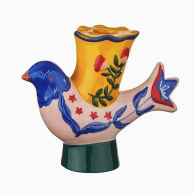 Vaso cerâmico em forma de pássaro colorido com flores e folhas