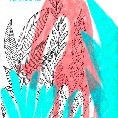 Desenho com folhas a preto, azul turquesa, vermelho e texto 'POR TI, MASCARO-ME'