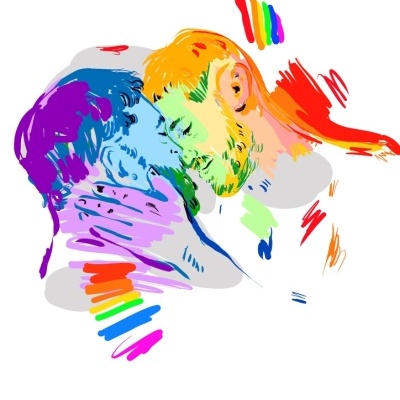 Ilustração colorida de dois homens em aproximação na testa com pinceladas vibrantes